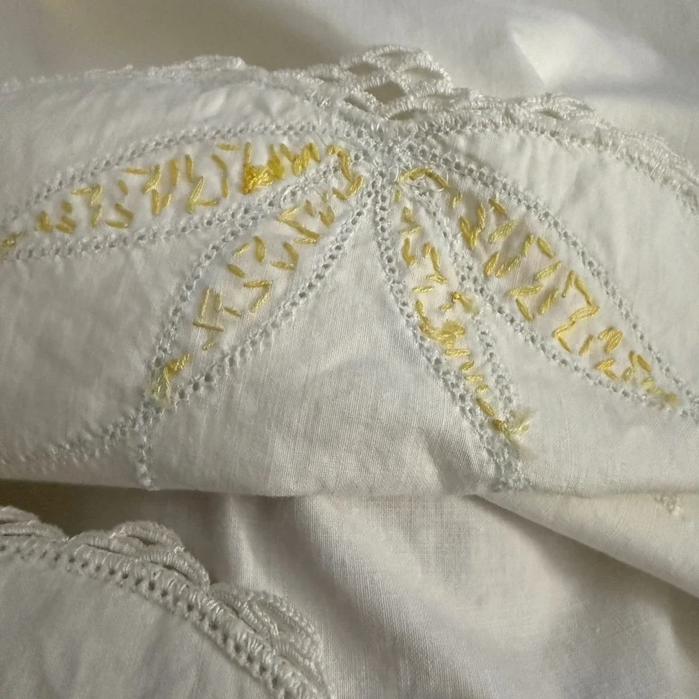 Vintage White Cotton Pillowcase Set 4 Hand Embroidered Lotus Flower Crochet Lace